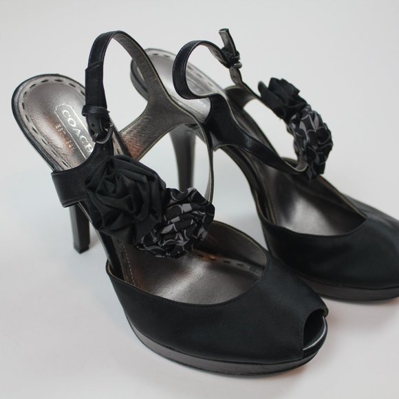 Coach Addysen Black Satin Rosette High Heels Peep Toe Womens Shoes Size 8 8B - Picture 2 of 7